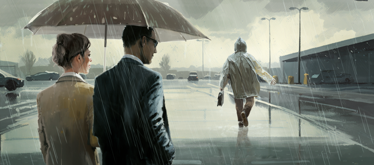 A digital painting of two people standing under an umbrella in the rain, longingly watching a third person walking along in a rain poncho
