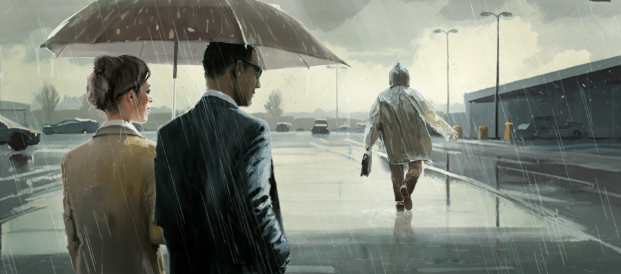 A digital painting of two people standing under an umbrella in the rain, longingly watching a third person walking along in a rain poncho