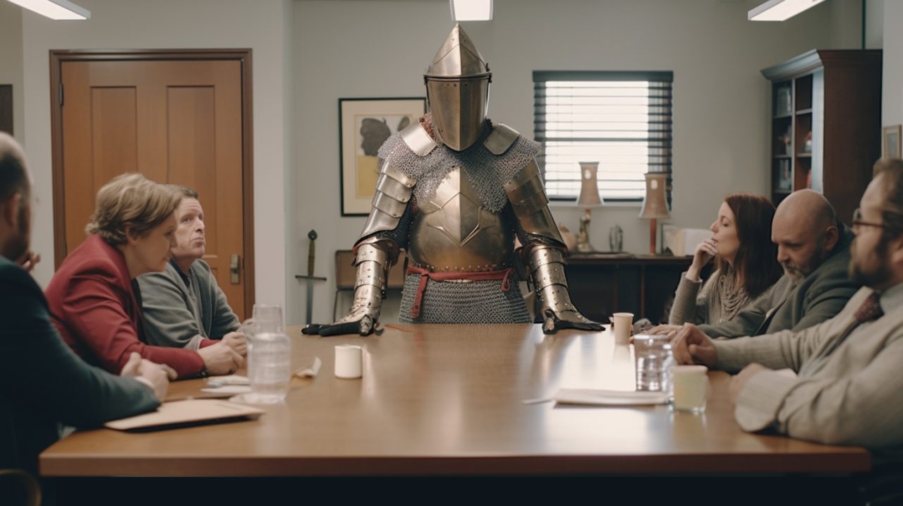 A person in medieval plate armor presides over a conference table in an office while meeting attendees sit uncomfortably