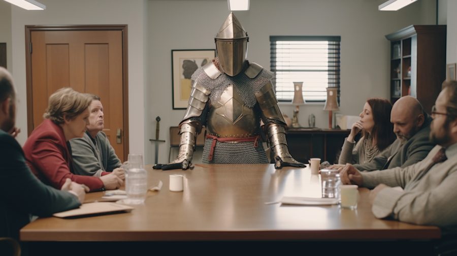 A person in medieval plate armor presides over a conference table in an office while meeting attendees sit uncomfortably
