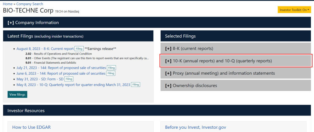 Screenshot of the EDGAR listing for Bio-Techne, with the 10-K and 10-Q section highlighted