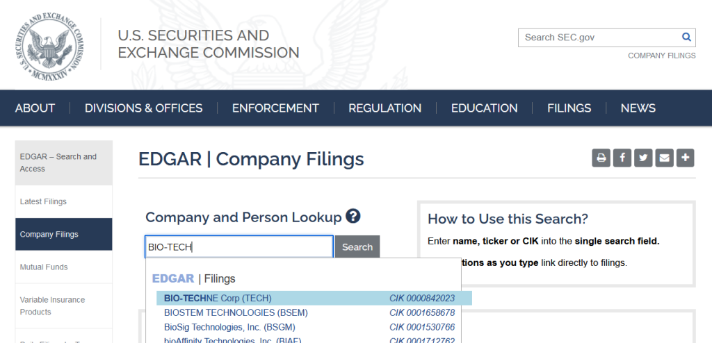 Screenshot of the EDGAR search interface on sec.gov, highlighting the dropdown options that are displayed when typing in a company name