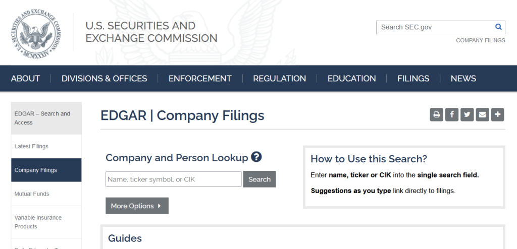 Screenshot of the EDGAR search interface on sec.gov