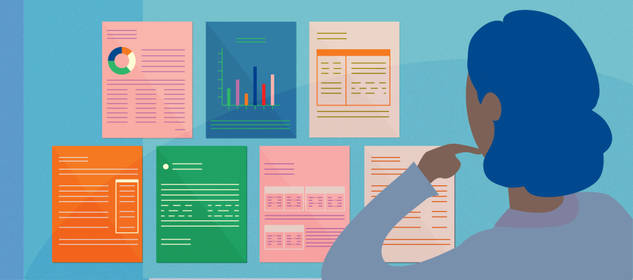 Stylized illustration of a scientist looking through financial documents and reports