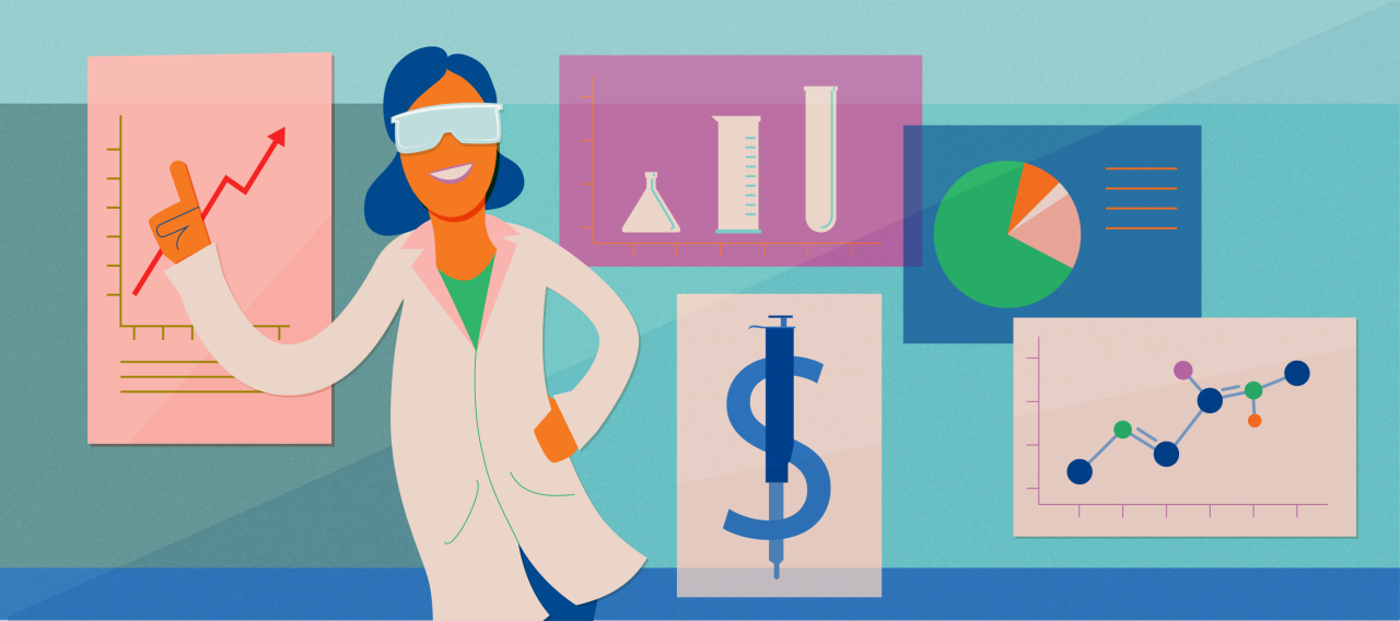Illustration of a scientist explaining business finance concepts