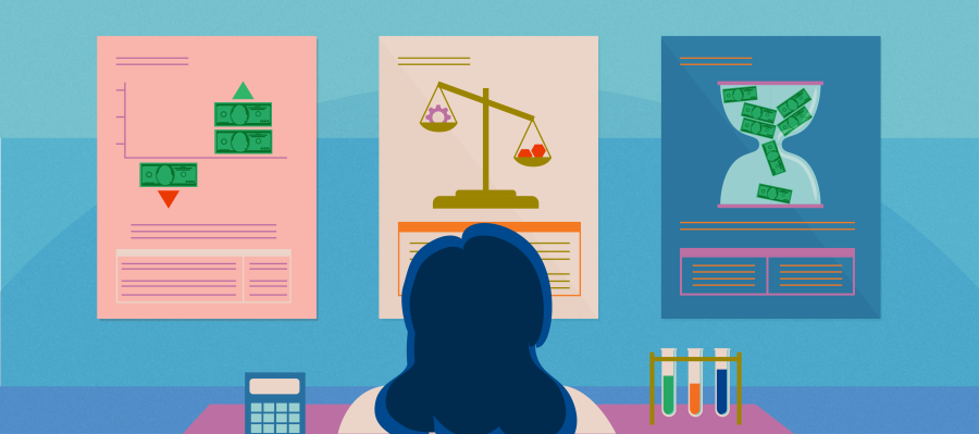 Stylized illustration of a scientist examining an income statement, a balance sheet, and a cash flow statement