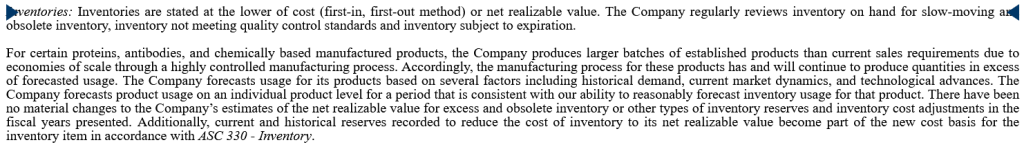 Screenshot of a footnote concerning inventories from a Bio-Techne Income Statement