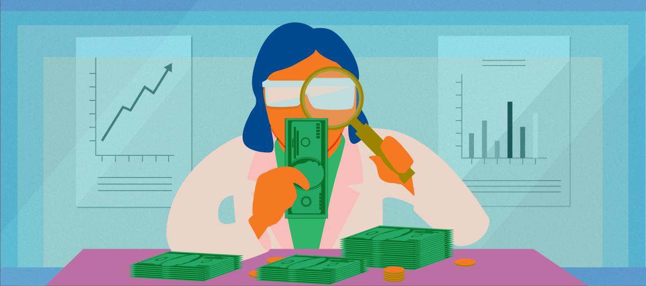 Stylized illustration of a scientist examining money, signifying profits, with a magnifying glass
