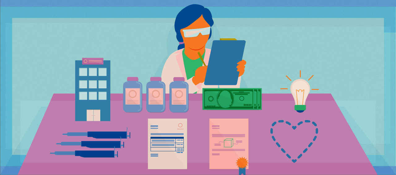 Illustration of a scientist reviewing symbolic representations of company assets, like invoices, equipment and real estate