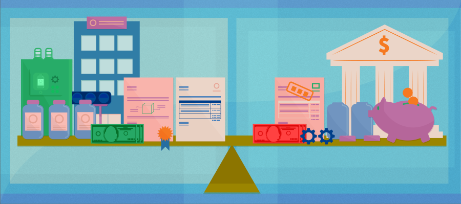 Illustration of various elements of a balance sheet, such as patents, cash and due invoices, sitting in balance on a seesaw