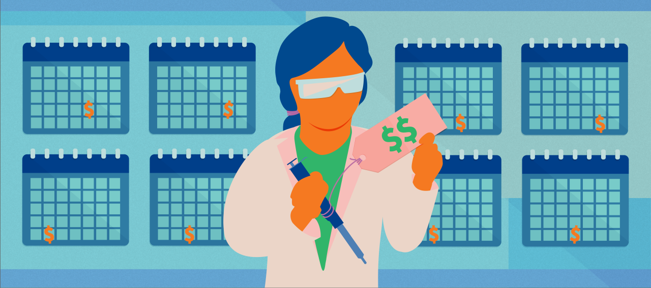 Illustration of a scientist considering the effects of depreciation on the pipette she is considering buying