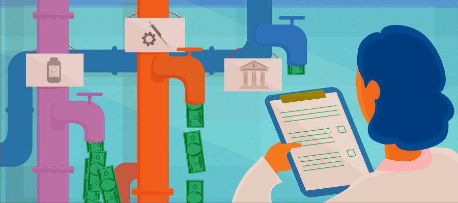 Illustration of a scientist looking at three pipes with money pouring out of them at different rates, representing different aspects of a cash flow statement