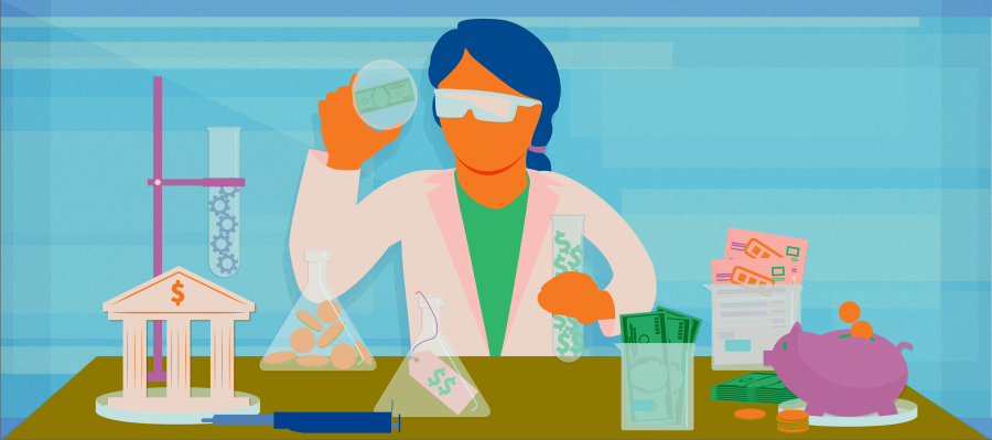 Illusration of a scientist examining concepts from the liabilities and equity portions of a financial balance sheet