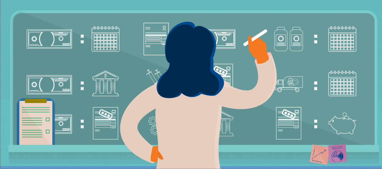 Illustration of a scientist working at a chalkboard covered in pictures representing financial ratios