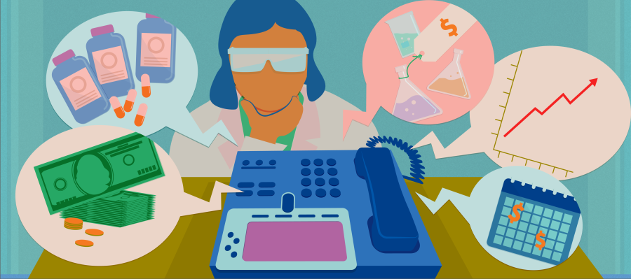 Illustration of a scientist listening to an office speaker phone. The phone has various speech balloons with icons to cover topics typically covered in a company earnings call