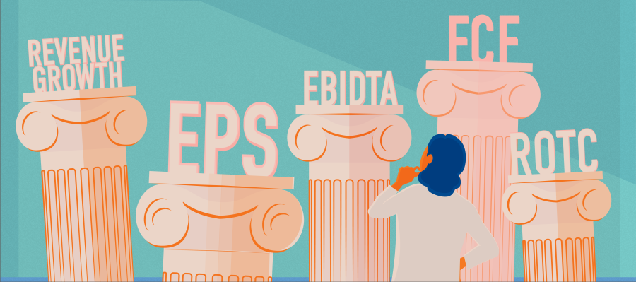 An illustration of a scientist looking up at a sort of monument to the the Big Five financial indicators, each perched on top of an Greek ionic pillar