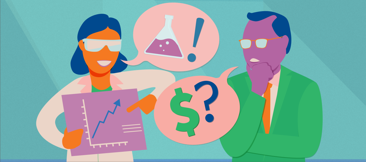 Illustration of a scientist pitching a new project to a finance-oriented executive