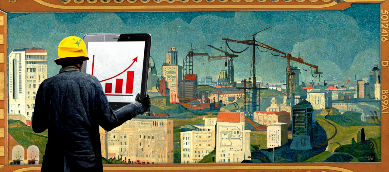Image of a construction manager looking at an oversized tablet computer with a bar graph indicating growth, standing in front of a city under construction. Depicted in a painted collage.