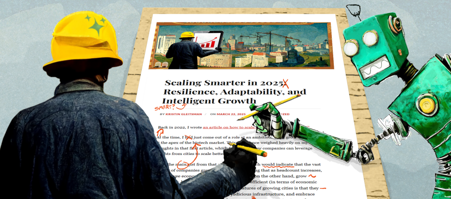 Illustration of a human foreman in a construction helpmet co-editing a blog article from this website with a stylized, green robot
