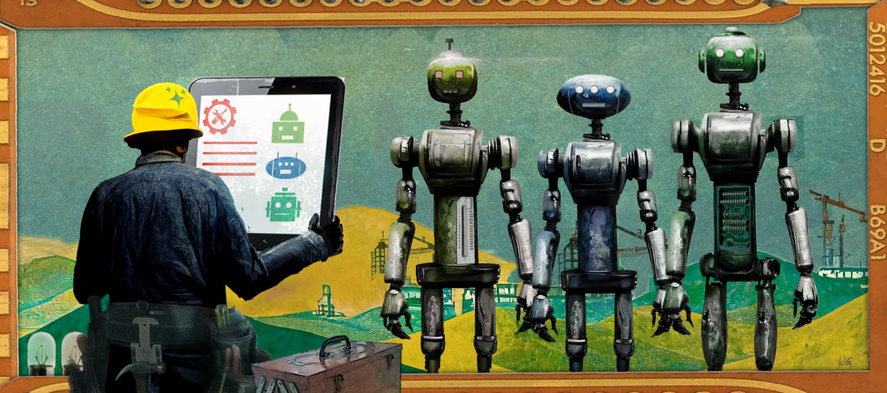 Image of a construction manager looking at an oversized tablet computer to select from one of three robots standing in front of them. In the distance, a city is under construction