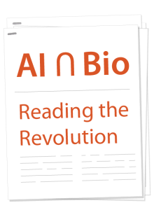 Illustration of scientific paper with the title "AI ∩ Bio: Reading the Revolution"