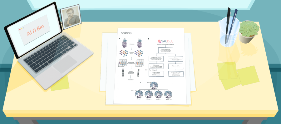 Illustration of a desk with a figure from a recent paper about Graphinity