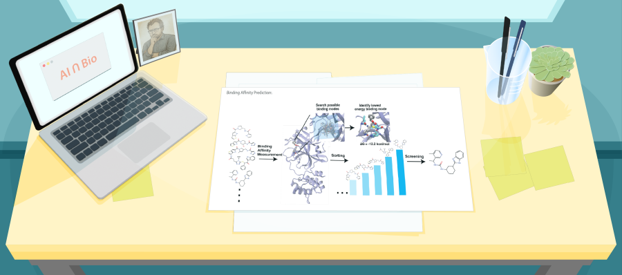 Illustration of a desk with a figure from a recent paper about binding affinity predictions