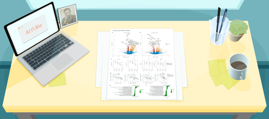 Illustration of a desk with a figure from a recent paper about Rentosertib