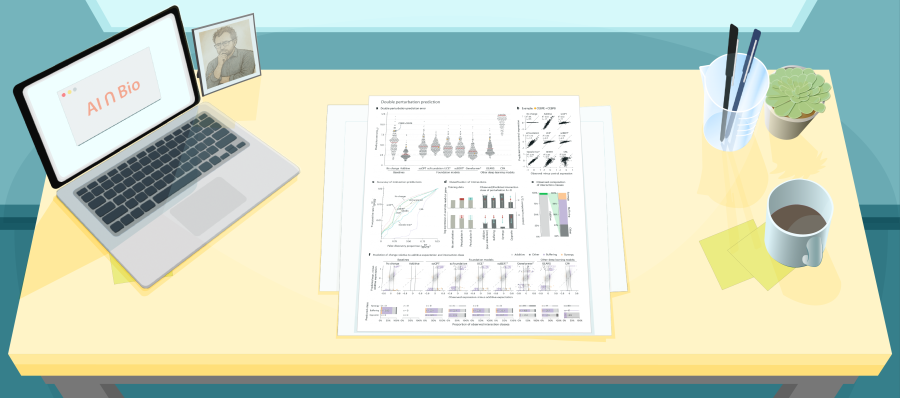 Illustration of a desk with a figure from a recent paper about Deep-learning-based gene perturbation