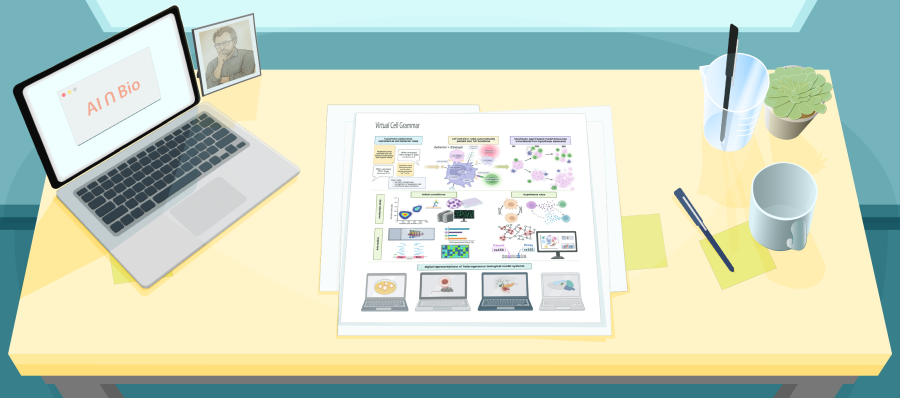 Illustration of a desk with a figure from a recent paper about Virtual Cell Grammar