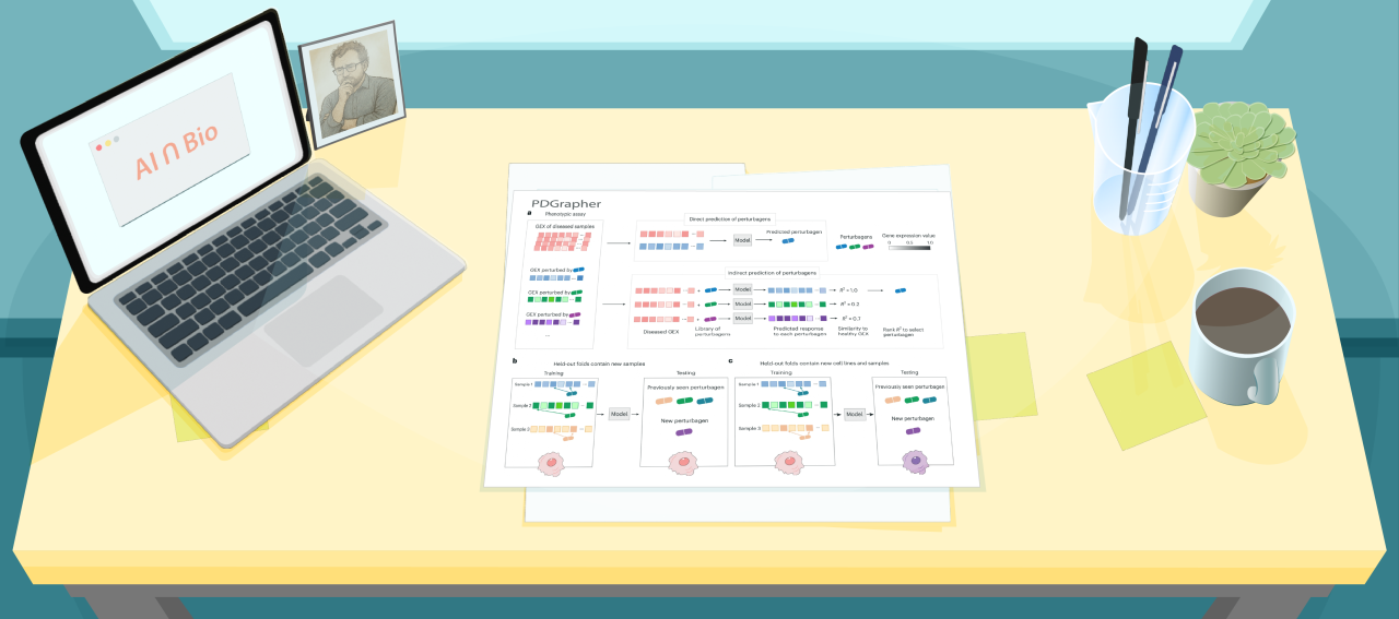 Illustration of a desk with a figure from a recent paper about PDGrapher