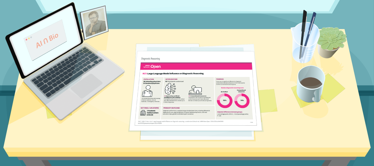 Illustration of a desk with a figure from a recent paper about diagnostic reasoning