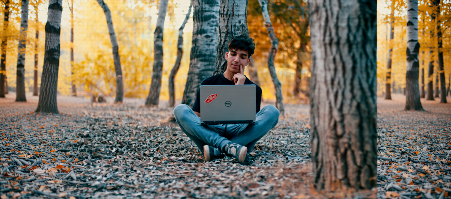Photo of a man sitting in the woods, contemplating what he's looking at on his laptop. Photo by Hamza Tighza.