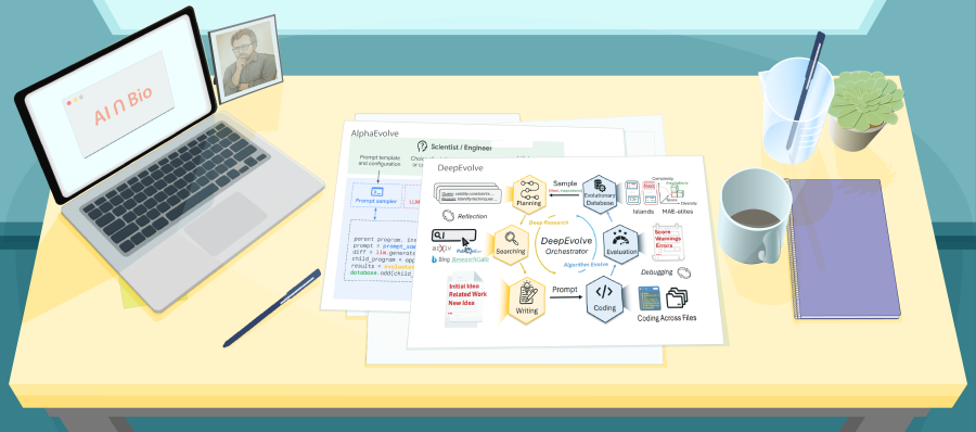 Illustration of a desk with figures from recent papers about DeepEvolve and AlphaEvolve