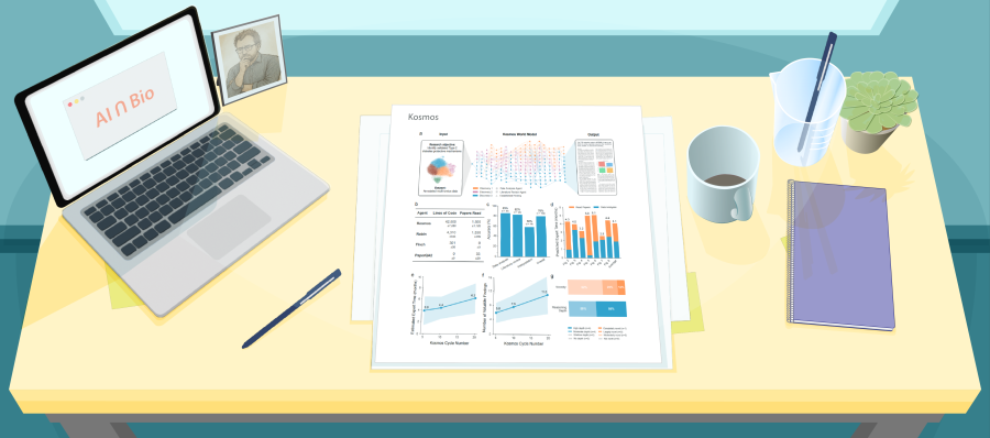 Illustration of a desk with a figure from a recent paper about the Kosmos AI agent