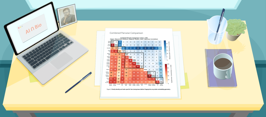 Illustration of a desk with a figure from a recent paper about the pLM
