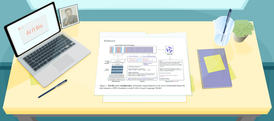 Illustration of a desk with a figure from a recent paper about BIOREASON