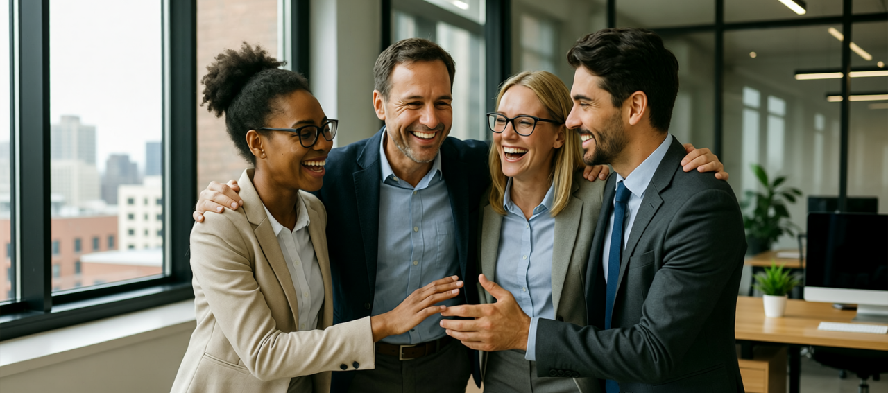 Generative image of a group of four colleagues hugging and laughing together in an office