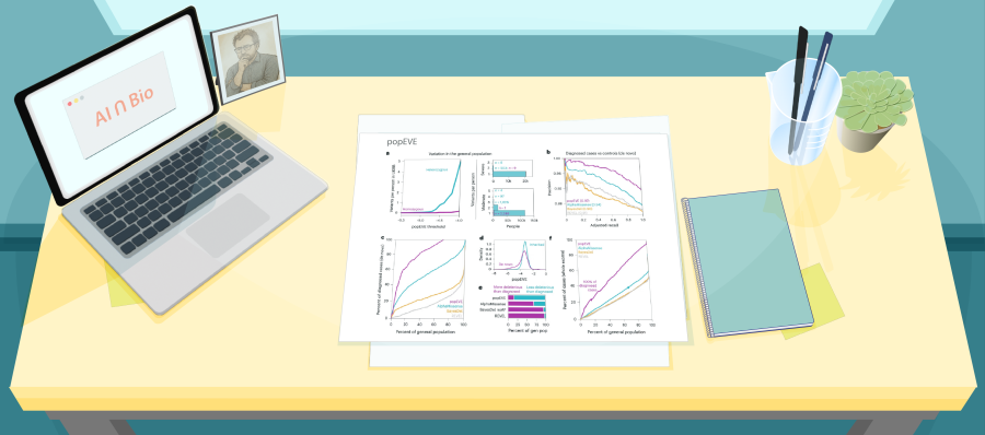 Illustration of a desk with a figure from a recent paper about popEVE