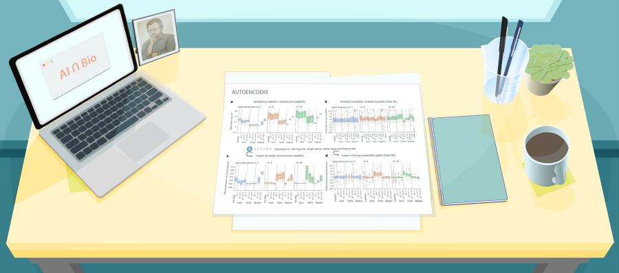 Illustration of a desk with a figure from a recent paper about AUTOENCODIX