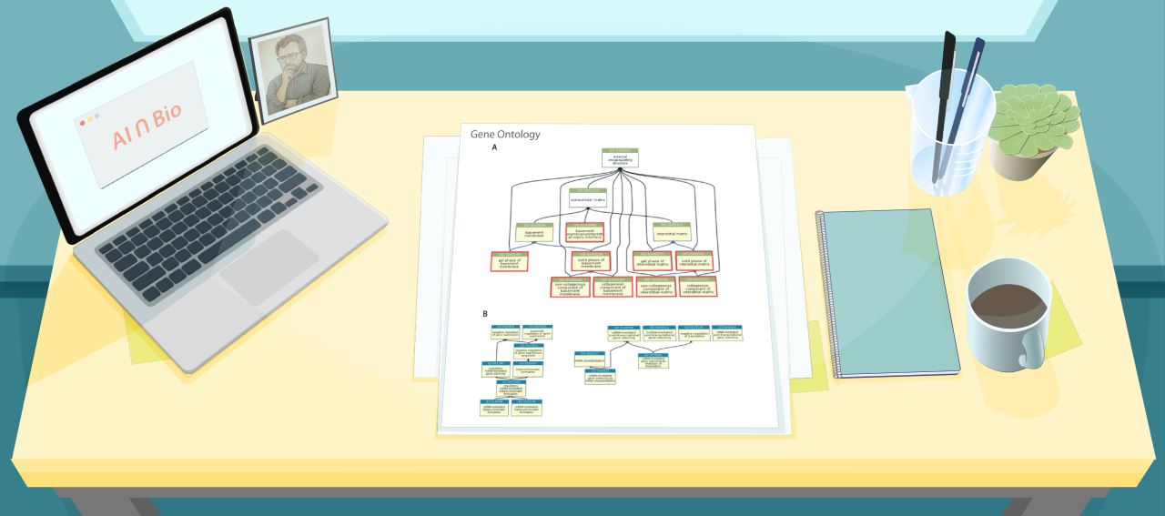 Illustration of a desk with a figure from a recent paper about GeneOntology