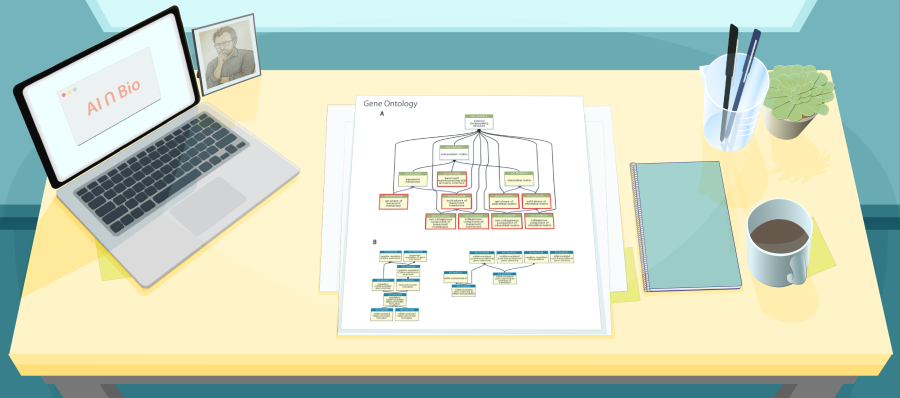 Illustration of a desk with a figure from a recent paper about GeneOntology